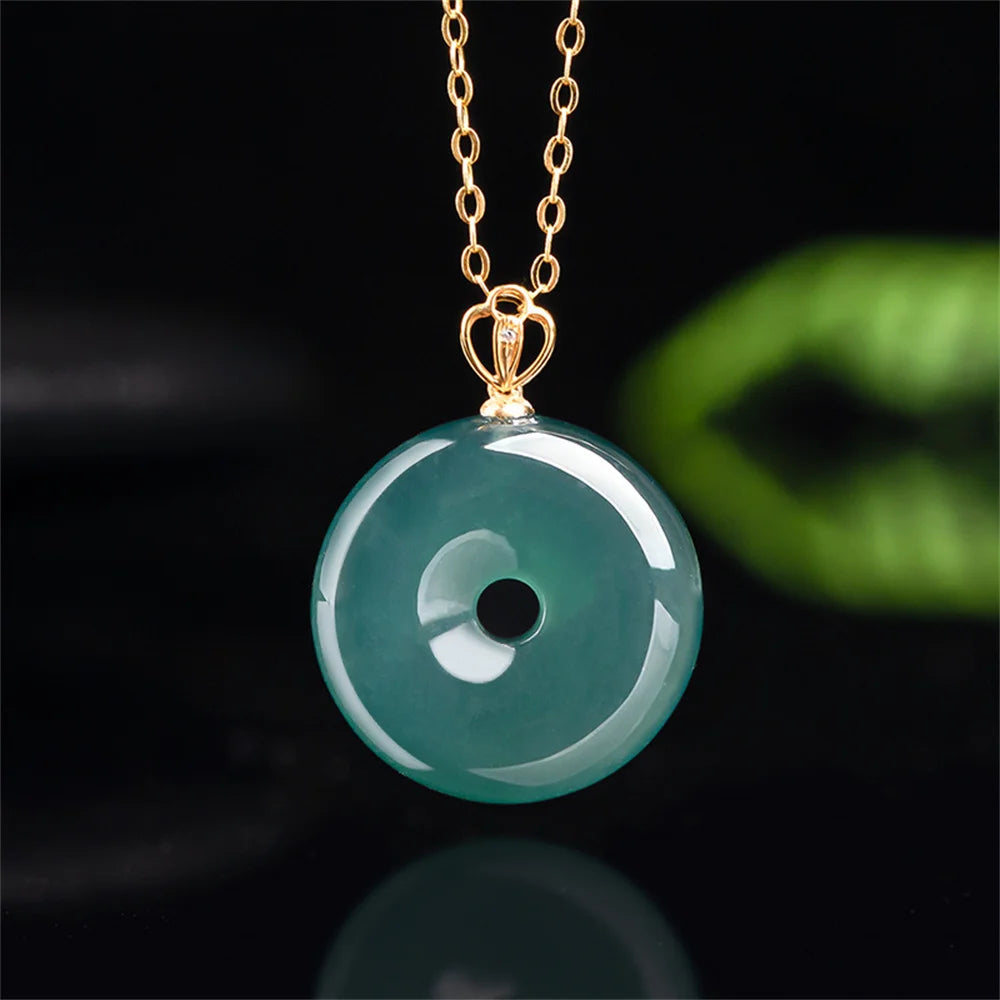 Charm 18K Gold Natural Ice Green Jadeite Round Harmony Buckle Pendant Amulet Necklace Certified Trendy Woman's Jewelry Gift