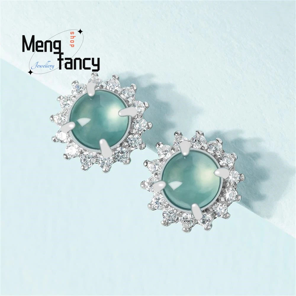 Genuine Natural A-goods Jadeite Blue Water Earrings Ice Jade S925 Silver Inlay Exquisite Elegant Luxury Fashion Charms Jewelry