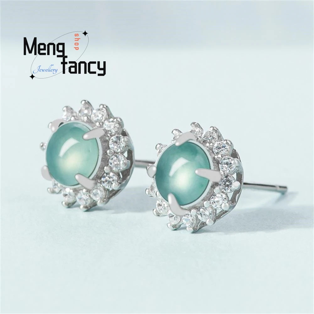 Genuine Natural A-goods Jadeite Blue Water Earrings Ice Jade S925 Silver Inlay Exquisite Elegant Luxury Fashion Charms Jewelry