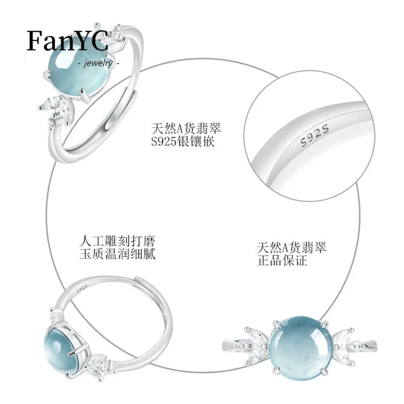 Natural A-grade Jadeite Blue Water Cabochon Ring Sterling Silver Setting with Ice-type Jadeite Adjustable Band Ladies' Gift