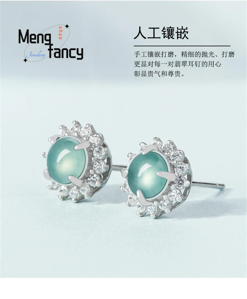 Genuine Natural A-goods Jadeite Blue Water Earrings Ice Jade S925 Silver Inlay Exquisite Elegant Luxury Fashion Charms Jewelry