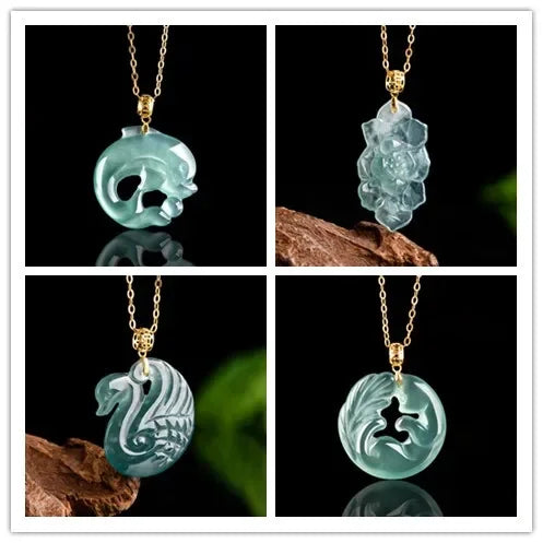 Burmese Jade lotus Dragon Pendant Blue Gemstone Necklace Pendants 18K gold Natural Designer Jadeite Necklaces Gemstones Charm
