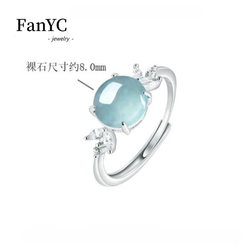 Natural A-grade Jadeite Blue Water Cabochon Ring Sterling Silver Setting with Ice-type Jadeite Adjustable Band Ladies' Gift