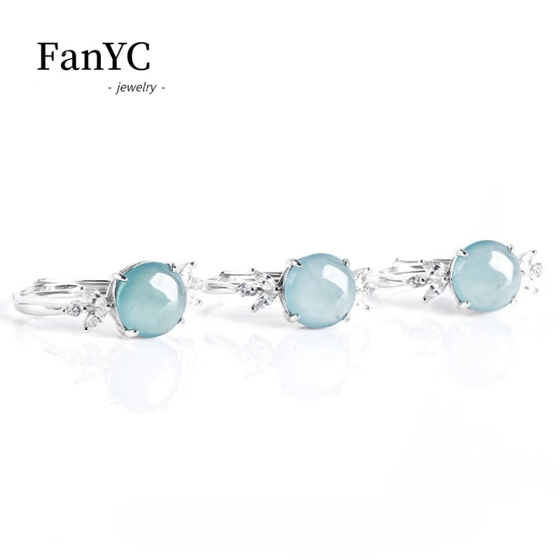 Natural A-grade Jadeite Blue Water Cabochon Ring Sterling Silver Setting with Ice-type Jadeite Adjustable Band Ladies' Gift