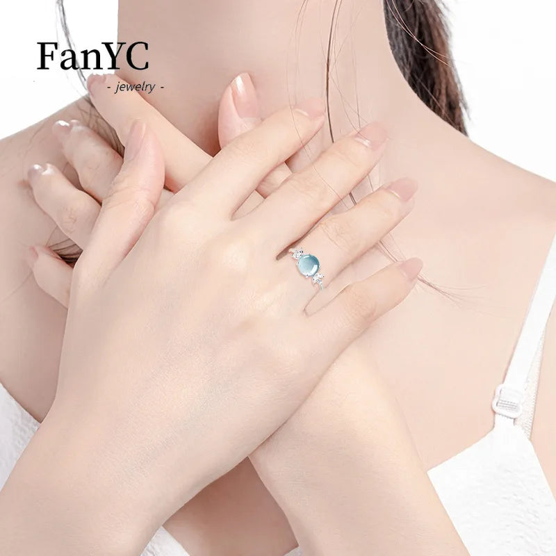 Natural A-grade Jadeite Blue Water Cabochon Ring Sterling Silver Setting with Ice-type Jadeite Adjustable Band Ladies' Gift