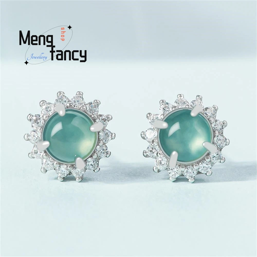 Genuine Natural A-goods Jadeite Blue Water Earrings Ice Jade S925 Silver Inlay Exquisite Elegant Luxury Fashion Charms Jewelry