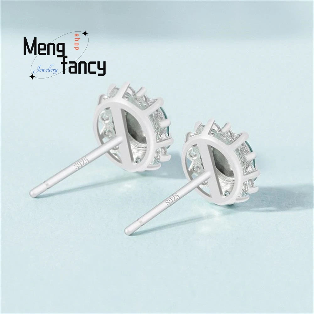 Genuine Natural A-goods Jadeite Blue Water Earrings Ice Jade S925 Silver Inlay Exquisite Elegant Luxury Fashion Charms Jewelry