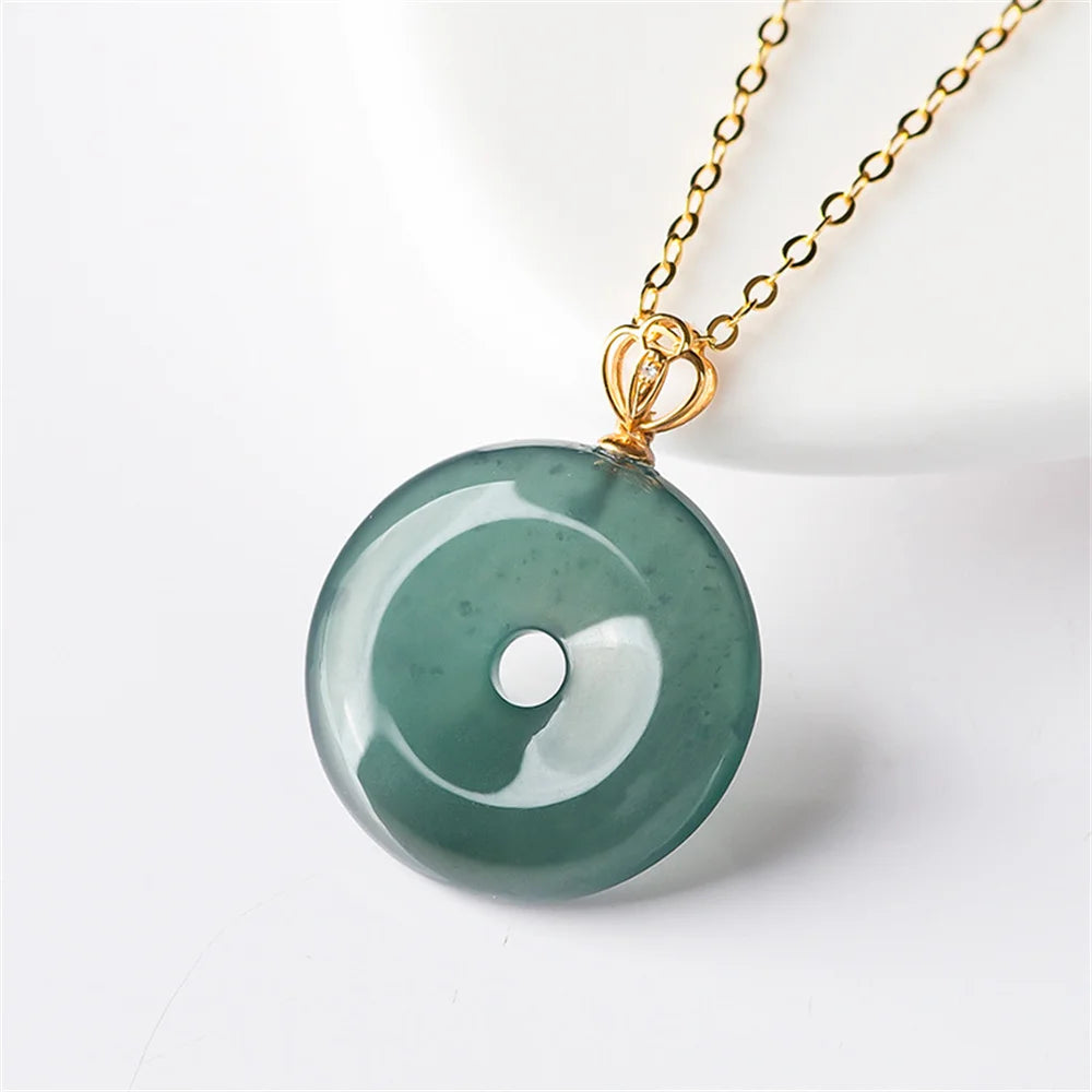 Charm 18K Gold Natural Ice Green Jadeite Round Harmony Buckle Pendant Amulet Necklace Certified Trendy Woman's Jewelry Gift