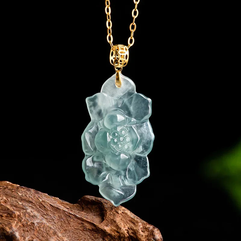 Burmese Jade lotus Dragon Pendant Blue Gemstone Necklace Pendants 18K gold Natural Designer Jadeite Necklaces Gemstones Charm
