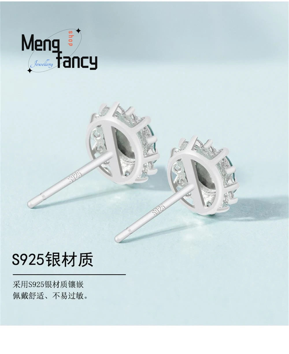 Genuine Natural A-goods Jadeite Blue Water Earrings Ice Jade S925 Silver Inlay Exquisite Elegant Luxury Fashion Charms Jewelry