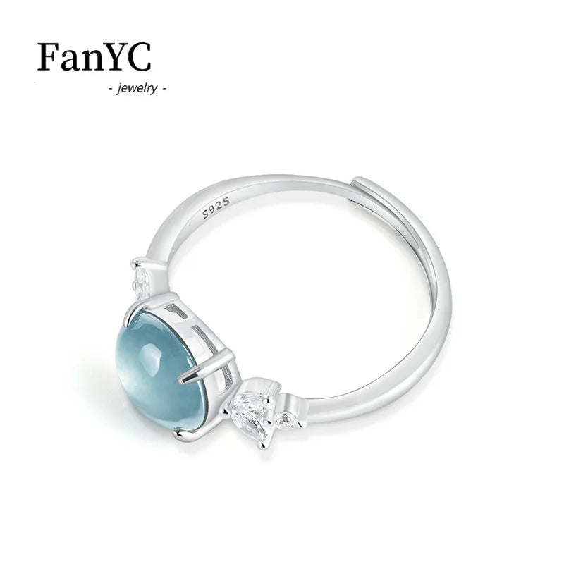 Natural A-grade Jadeite Blue Water Cabochon Ring Sterling Silver Setting with Ice-type Jadeite Adjustable Band Ladies' Gift
