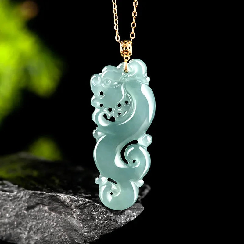 Burmese Jade lotus Dragon Pendant Blue Gemstone Necklace Pendants 18K gold Natural Designer Jadeite Necklaces Gemstones Charm